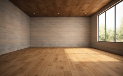 Modern empty room with wood floors, natural light from large windows, and wooden walls, emphasizing the elegance and maintenance of wood flooring.