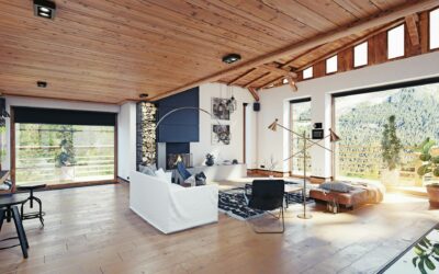 Modern living room with wooden ceiling, large windows, cozy seating area, and natural light, reflecting a clean and inviting home environment for carpet and upholstery care.