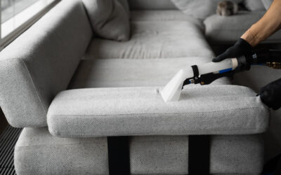 Professional upholstery cleaning in progress on a light gray couch, showcasing a cleaning tool and a focus on maintaining quality results for customer satisfaction.