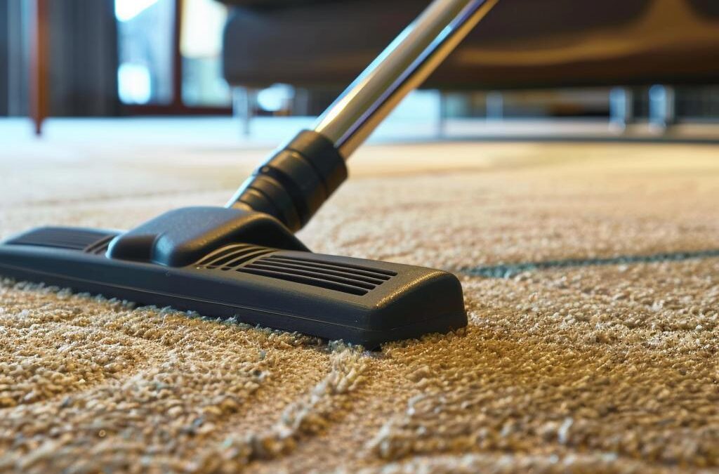 Vacuum cleaner nozzle on carpet, illustrating carpet cleaning process for maintaining home hygiene and preventing allergens.