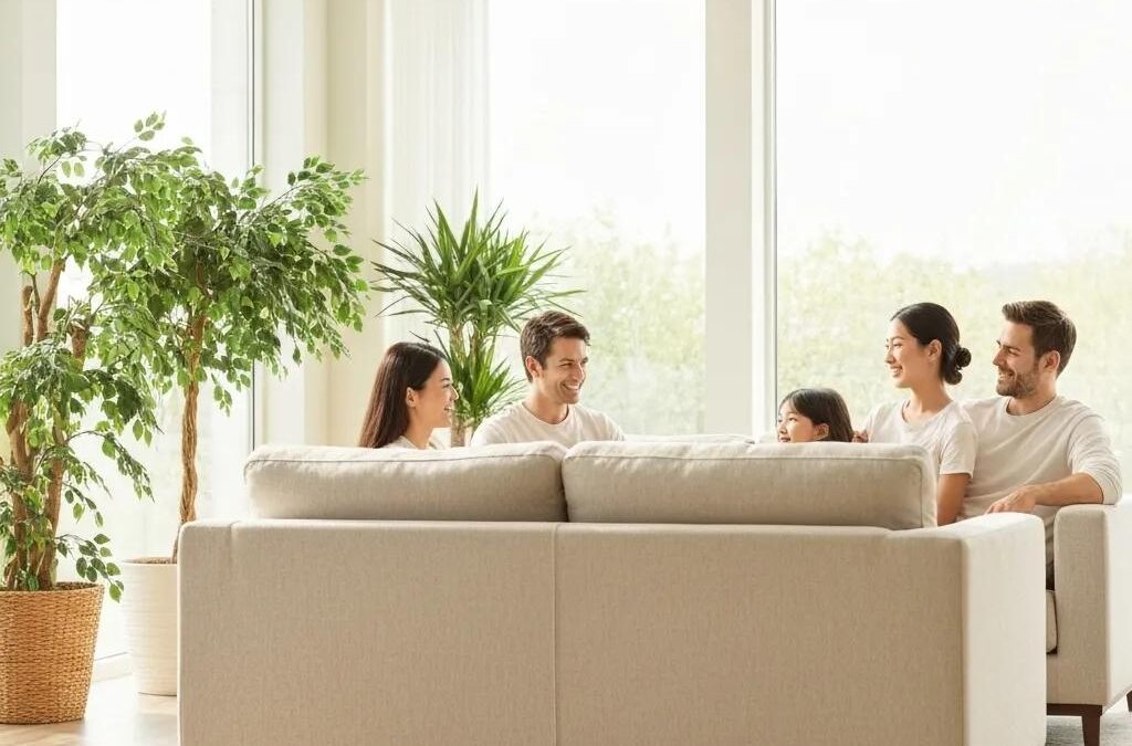 Family enjoying quality time together in a bright living room with plants, emphasizing warmth and comfort in a home setting.