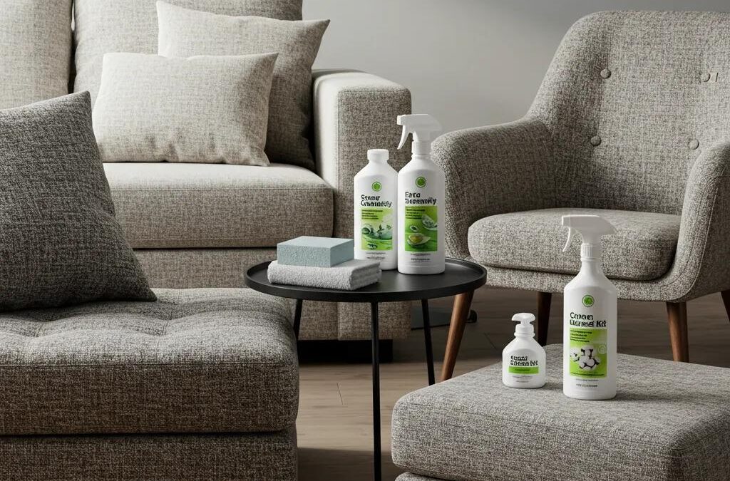 Cozy living room featuring various upholstered furniture types and a cleaning kit, emphasizing upholstery care and maintenance solutions.