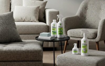 Cozy living room featuring various upholstered furniture types with a cleaning kit, emphasizing upholstery care and maintenance.