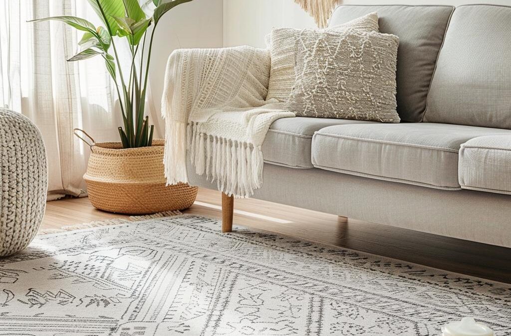 Cozy living room scene featuring a light gray sofa adorned with textured pillows and a knitted throw, complemented by a decorative indoor plant and a patterned area rug, emphasizing a clean and inviting home environment.