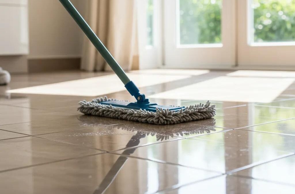 Microfiber mop cleaning shiny tile floor in bright home environment, emphasizing residential tile care and maintenance techniques.